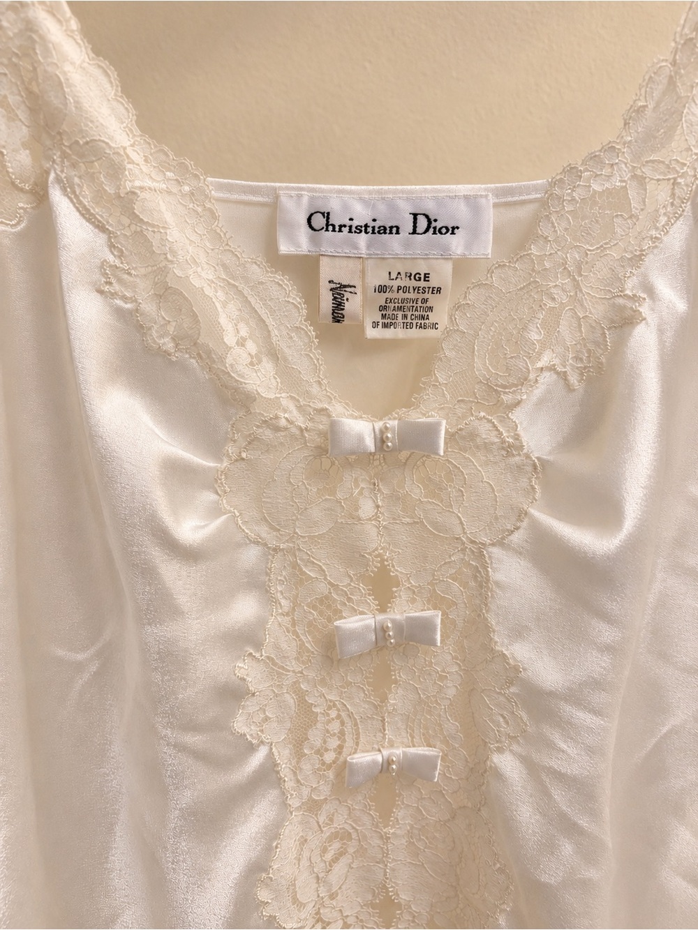 Vintage Christian Dior ivory satin slip dress with pearl bow details